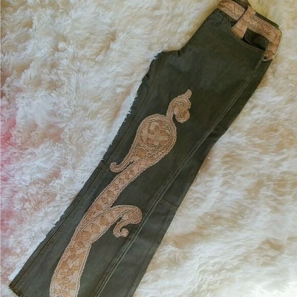Tracy Reese Boho Paisley Jeans Olive W/ Gold Brocade Paisley RARE  VINTAGE & NEW - Picture 6 of 6